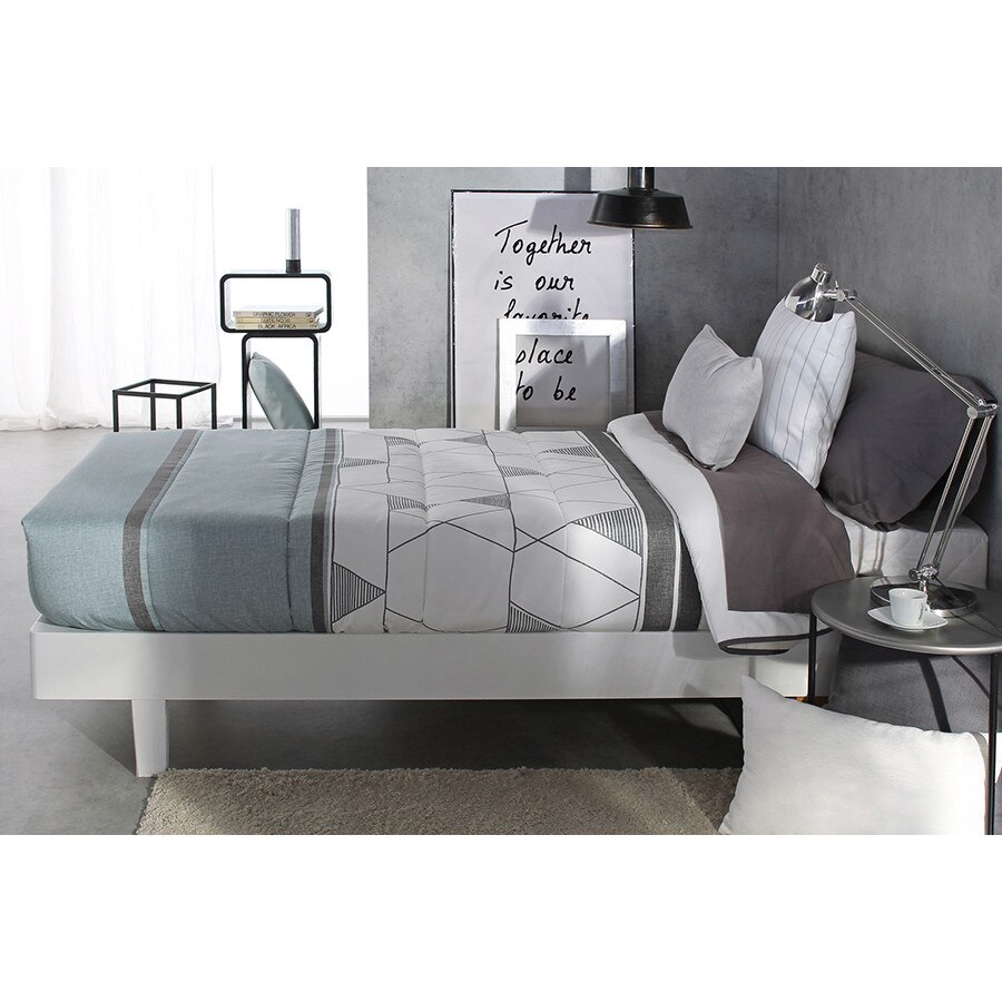 Set Cuvertura matlasata fixa Zenda AG si 1 perna decorativa, Reig Marti, gri, turcoaz, pentru pat de 90 cm x 200 cm