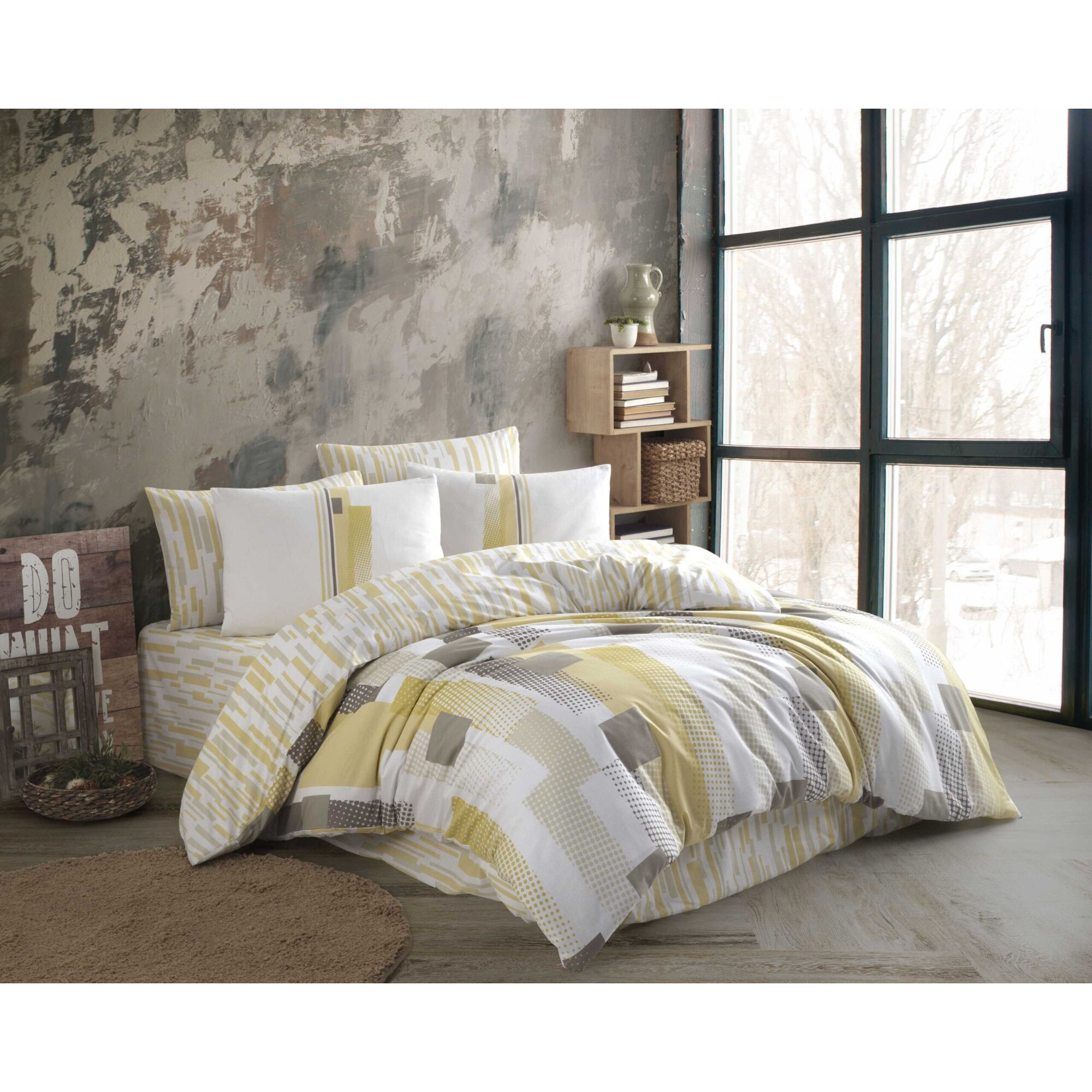Lenjerie pat bumbac Denisa Retro Hardal, pentru pat dublu, 4 piese, 200x220 / 50x70, brand Hobby Home