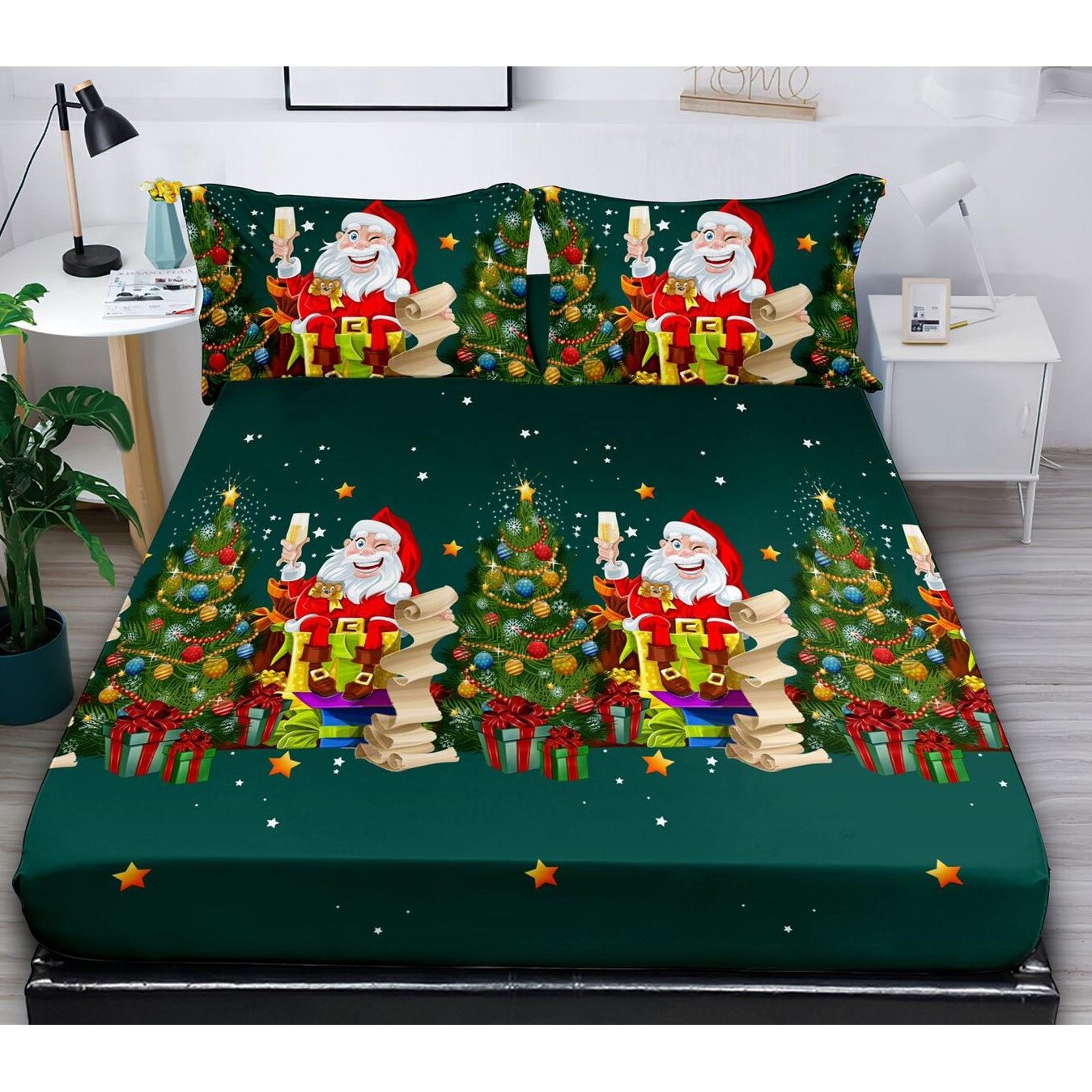 Set husa de pat cu elastic si 2 fete de perna, pentru pat dublu, 180 x 200 cm, Bumbac Finet, Mos Craciun