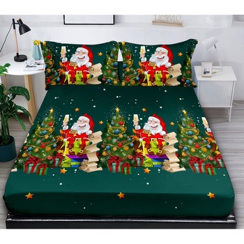 Set husa de pat cu elastic si 2 fete de perna, pentru pat dublu, 180 x 200 cm, Bumbac Finet, Mos Craciun Set husa de pat cu elastic si 2 fete de perna, pentru pat dublu, 180 x 200 cm, Bumbac Finet, Mos Craciun