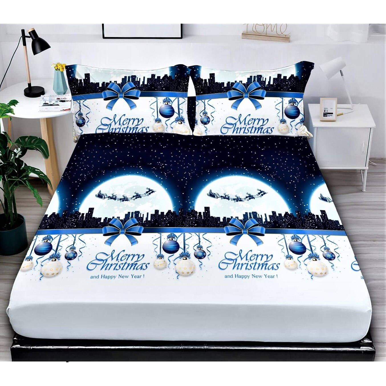 Set husa de pat cu elastic si 2 fete de perna, pentru pat dublu, 180 x 200 cm, Bumbac Finet, Christmas night