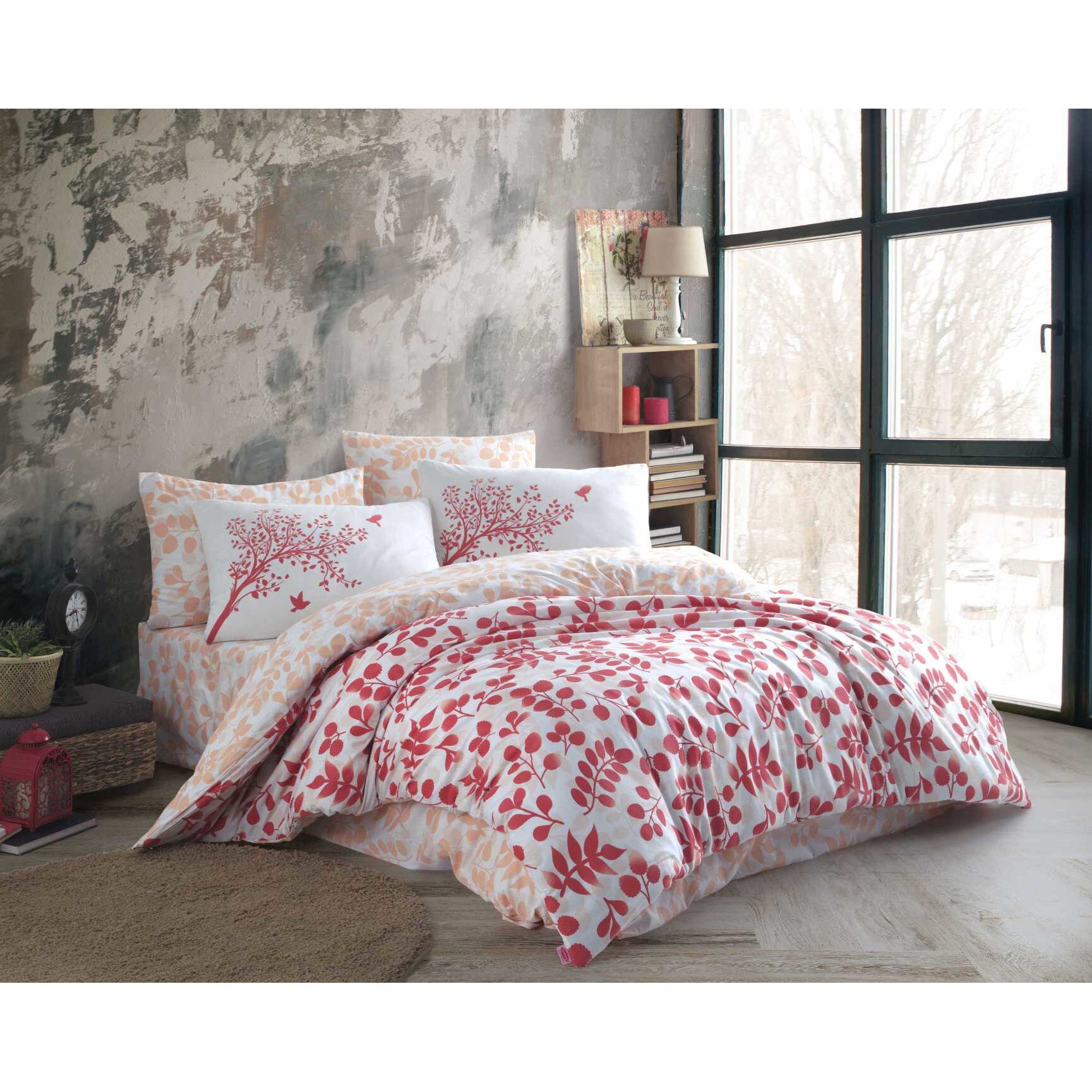 Lenjerie pat bumbac Silvia Red, pentru pat dublu, 4 piese, 200x220 / 50x70, brand Hobby Home