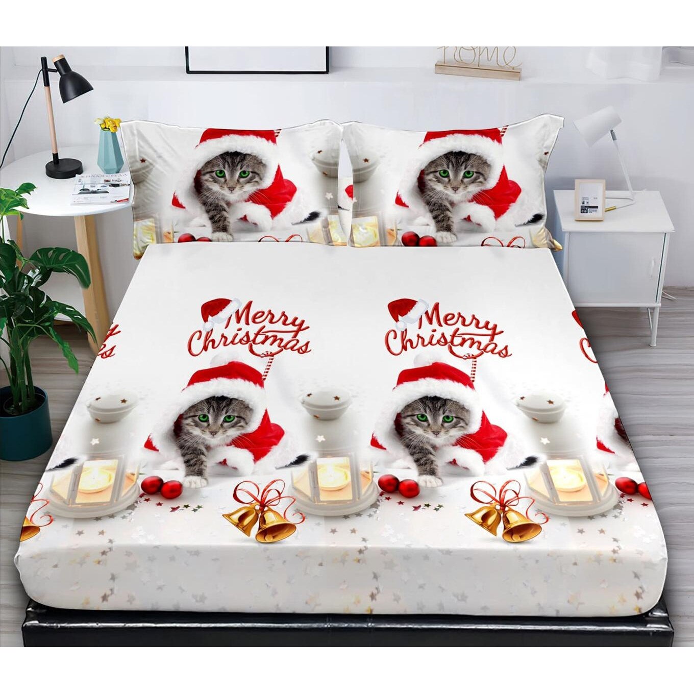 Set husa de pat cu elastic si 2 fete de perna, pentru pat dublu, 180 x 200 cm, Bumbac Finet, Alba cu imprimeu Craciun