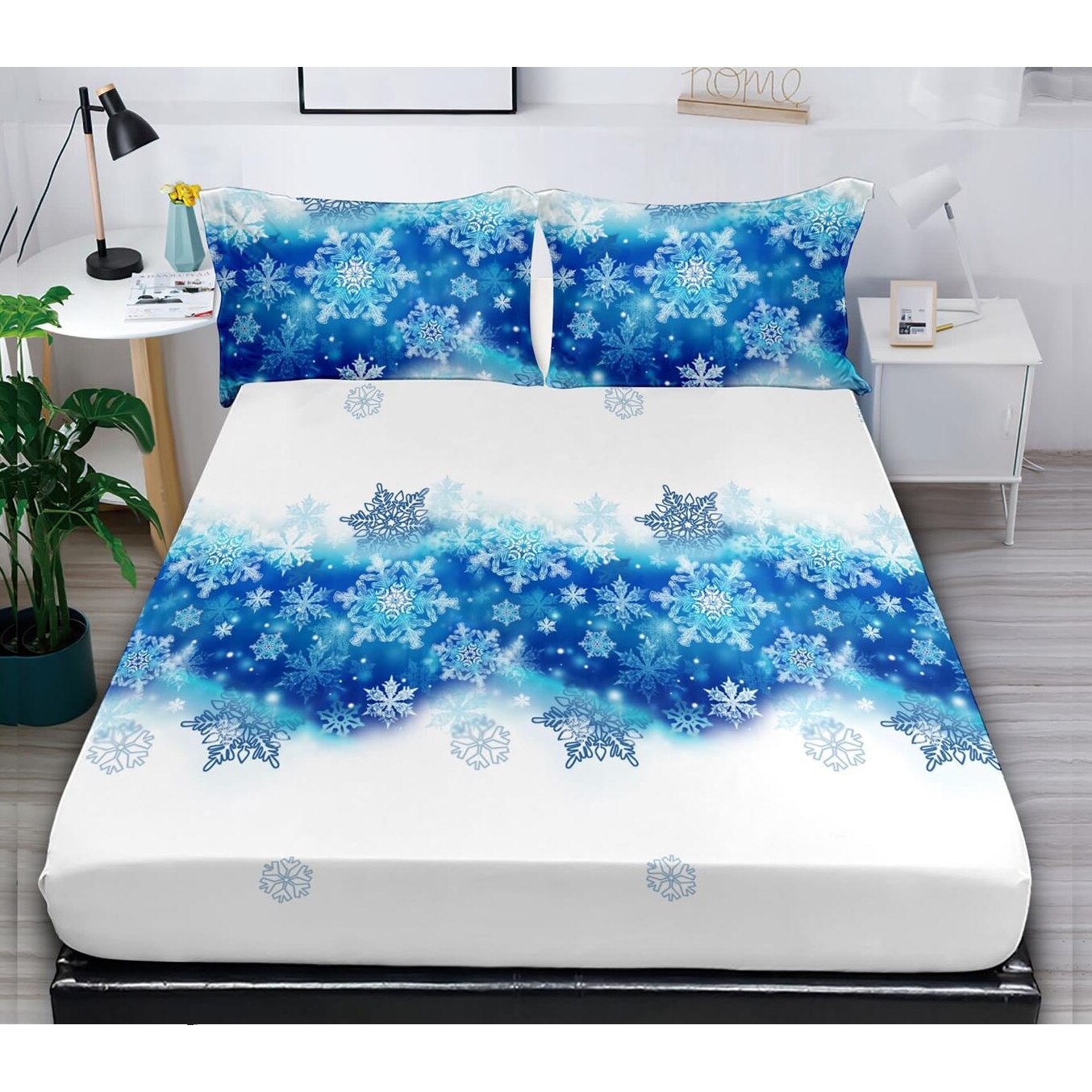 Set husa de pat cu elastic si 2 fete de perna, pentru pat dublu, 180 x 200 cm, Bumbac Finet, Fulgi de zapada