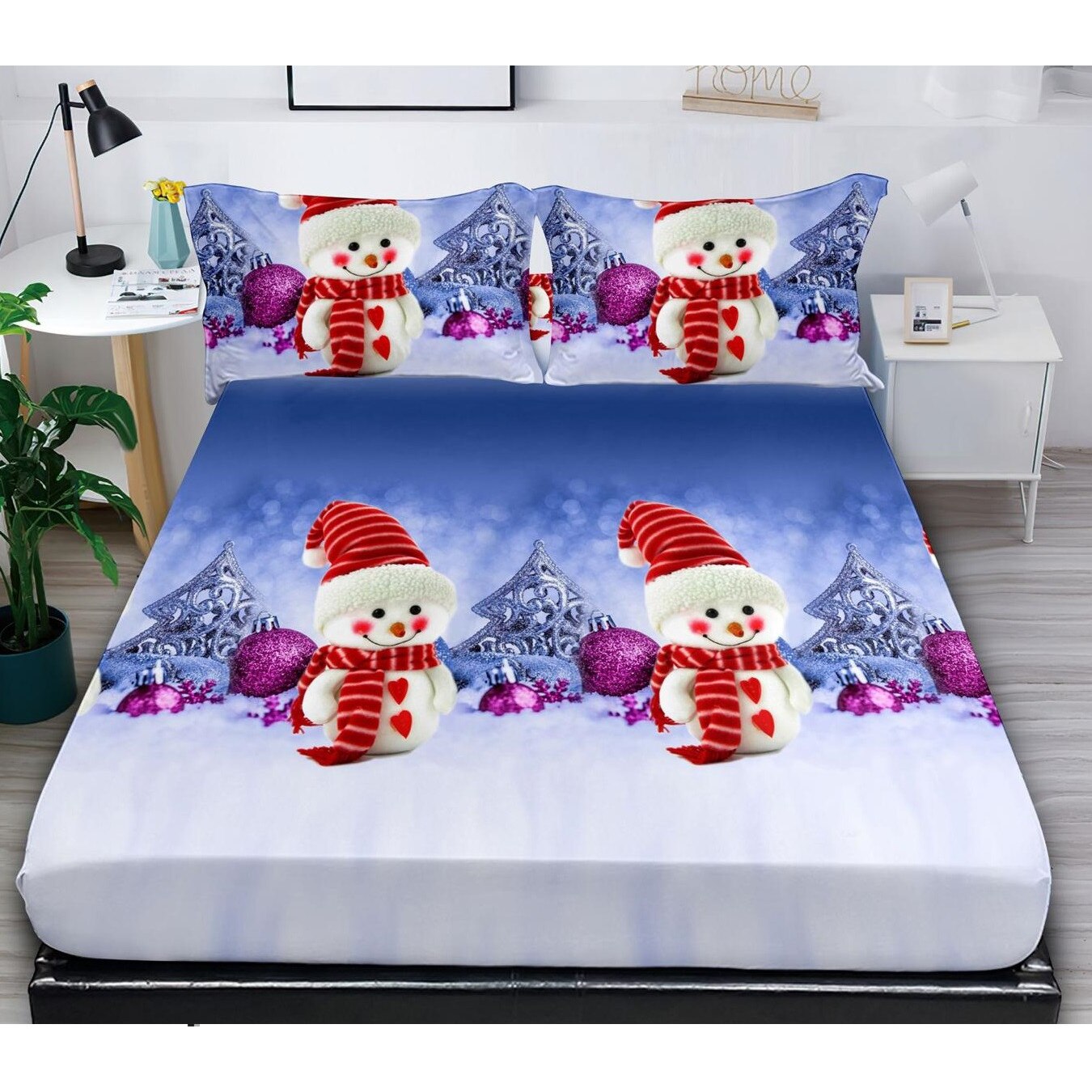 Set husa de pat cu elastic si 2 fete de perna, pentru pat dublu, 180 x 200 cm, Bumbac Finet, Oameni de zapada