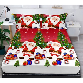 Set husa de pat cu elastic si 2 fete de perna, pentru pat dublu, 180 x 200 cm, Bumbac Finet, Mos Craciun si cadourile Set husa de pat cu elastic si 2 fete de perna, pentru pat dublu, 180 x 200 cm, Bumbac Finet, Mos Craciun si cadourile