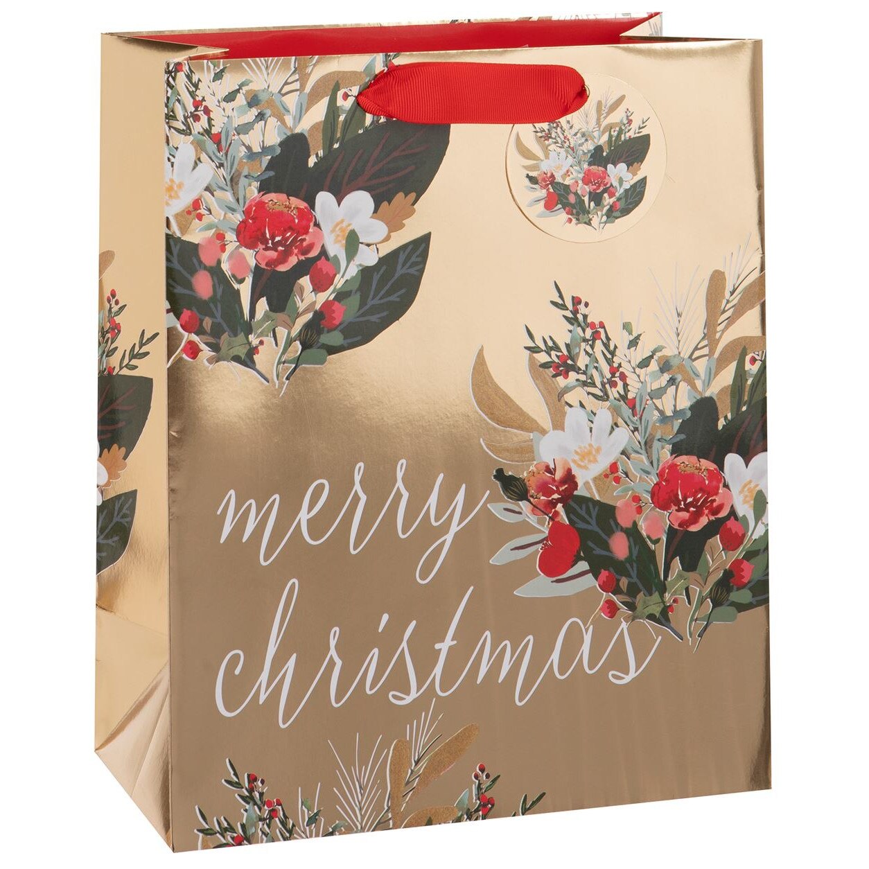 Punga de cadou - Large - Christmas Floral - Gold, Cu model