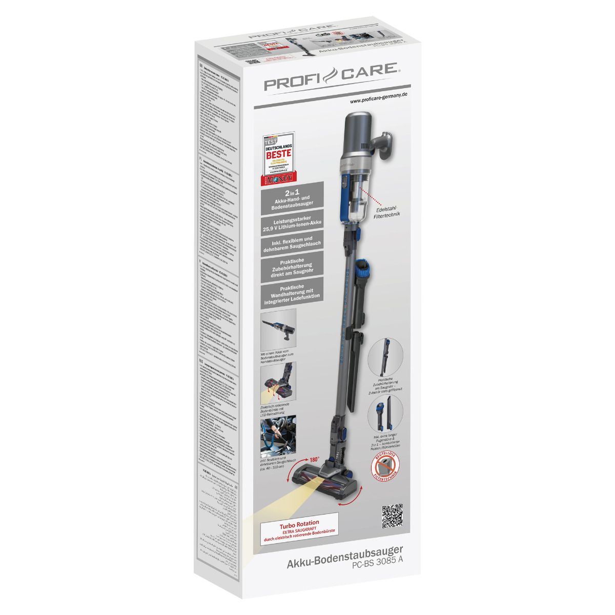 Aspirator vertical si de mana ProfiCare, PC-BS 3085, toate suprafetele, autonomie 40 minute, filtru HEPA, fara sac, accesorii incluse, antracit/albastru