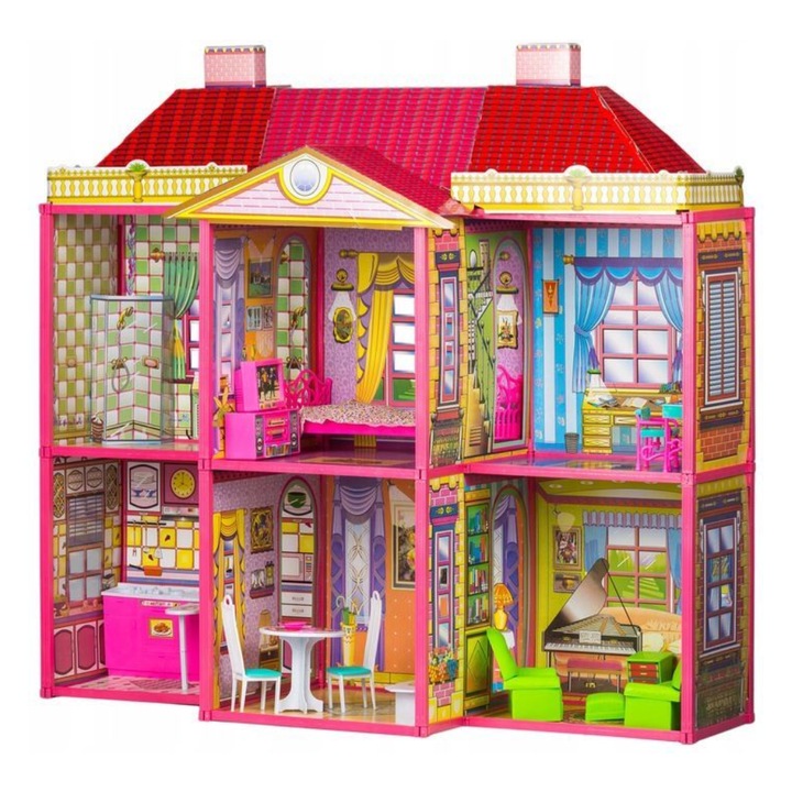 Дървена детска къща за кукли Bigshot, BS3423PNKRED, 2 нива, 6 стаи, Баня, Кухня, 128 бр, 106 x 95 x 38 см, Многоцветен