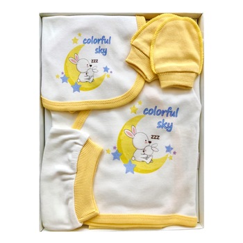 Set cadou Bebelusi/Baieti, BALENO BABY WEAR model Colorful sky & Rabbits, 0-3 luni, 5 piese, Bumbac 100% antialergic, Alb/Galben Set cadou Bebelusi/Baieti, BALENO BABY WEAR model Colorful sky & Rabbits, 0-3 luni, 5 piese, Bumbac 100% antialergic, Alb/Galben
