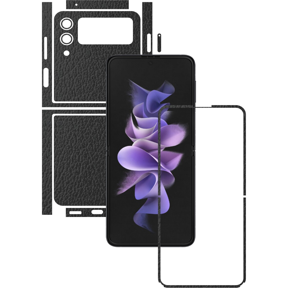 Folie Protectie Carbon Skinz pentru Samsung Galaxy Z Flip3 5G - Piele Neagra Split Cut, Skin Adeziv Full Body Cover pentru Rama Ecran, Carcasa Spate si Laterale
