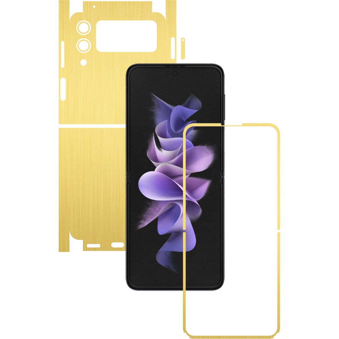 Folie Protectie Carbon Skinz pentru Samsung Galaxy Z Flip3 5G - Brushed Auriu 360 Cut, Skin Adeziv Full Body Cover pentru Rama Ecran, Carcasa Spate si Laterale