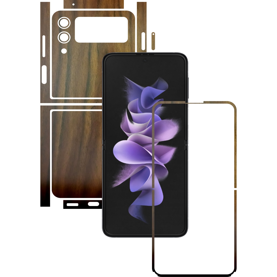 Folie Protectie Carbon Skinz pentru Samsung Galaxy Z Flip3 5G - Lemn Nuc Split Cut, Skin Adeziv Full Body Cover pentru Rama Ecran, Carcasa Spate si Laterale