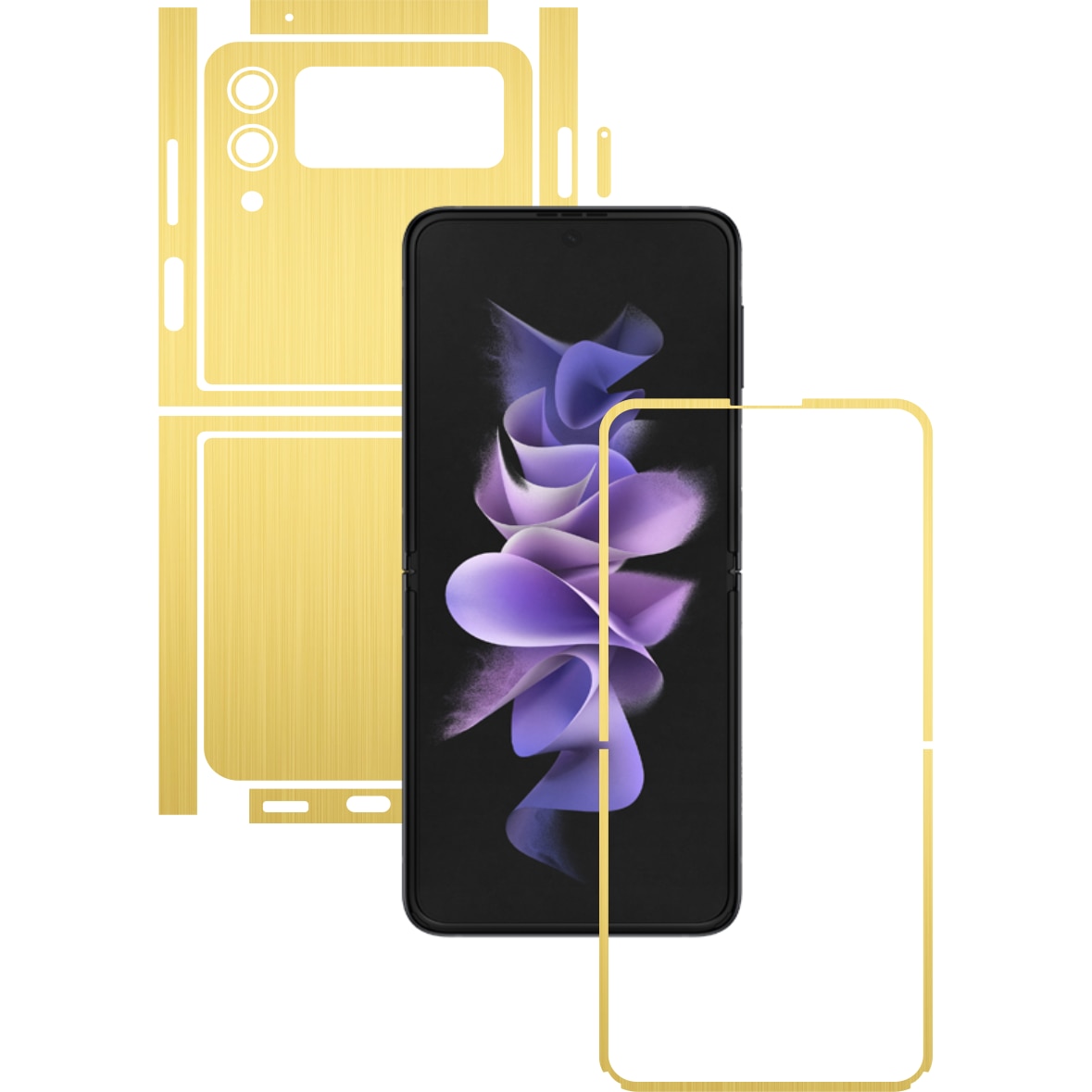 Folie Protectie Carbon Skinz pentru Samsung Galaxy Z Flip3 5G - Brushed Auriu Split Cut, Skin Adeziv Full Body Cover pentru Rama Ecran, Carcasa Spate si Laterale