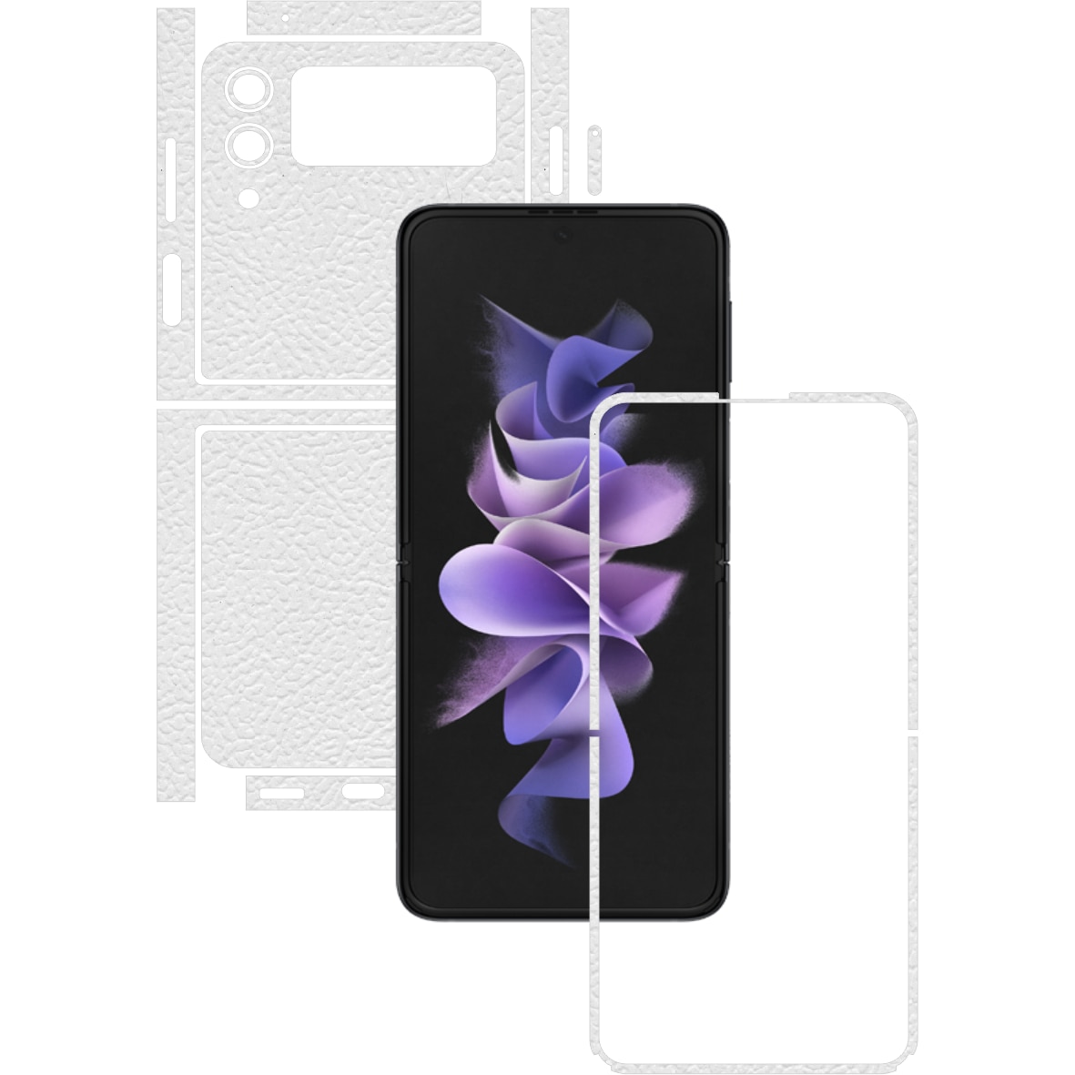 Folie Protectie Carbon Skinz pentru Samsung Galaxy Z Flip3 5G - Piele Alba Split Cut, Skin Adeziv Full Body Cover pentru Rama Ecran, Carcasa Spate si Laterale