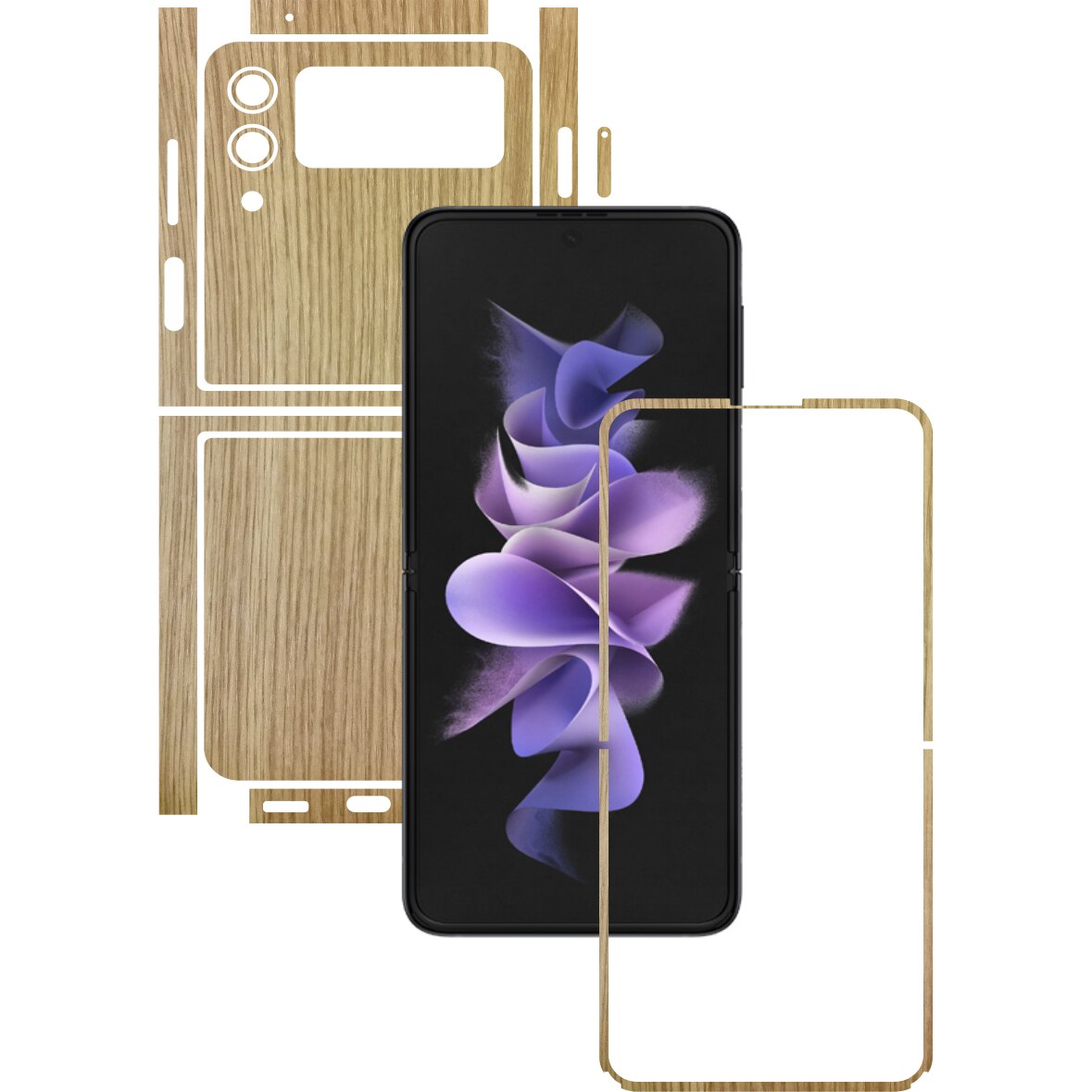 Folie Protectie Carbon Skinz pentru Samsung Galaxy Z Flip3 5G - Lemn Stejar Split Cut, Skin Adeziv Full Body Cover pentru Rama Ecran, Carcasa Spate si Laterale