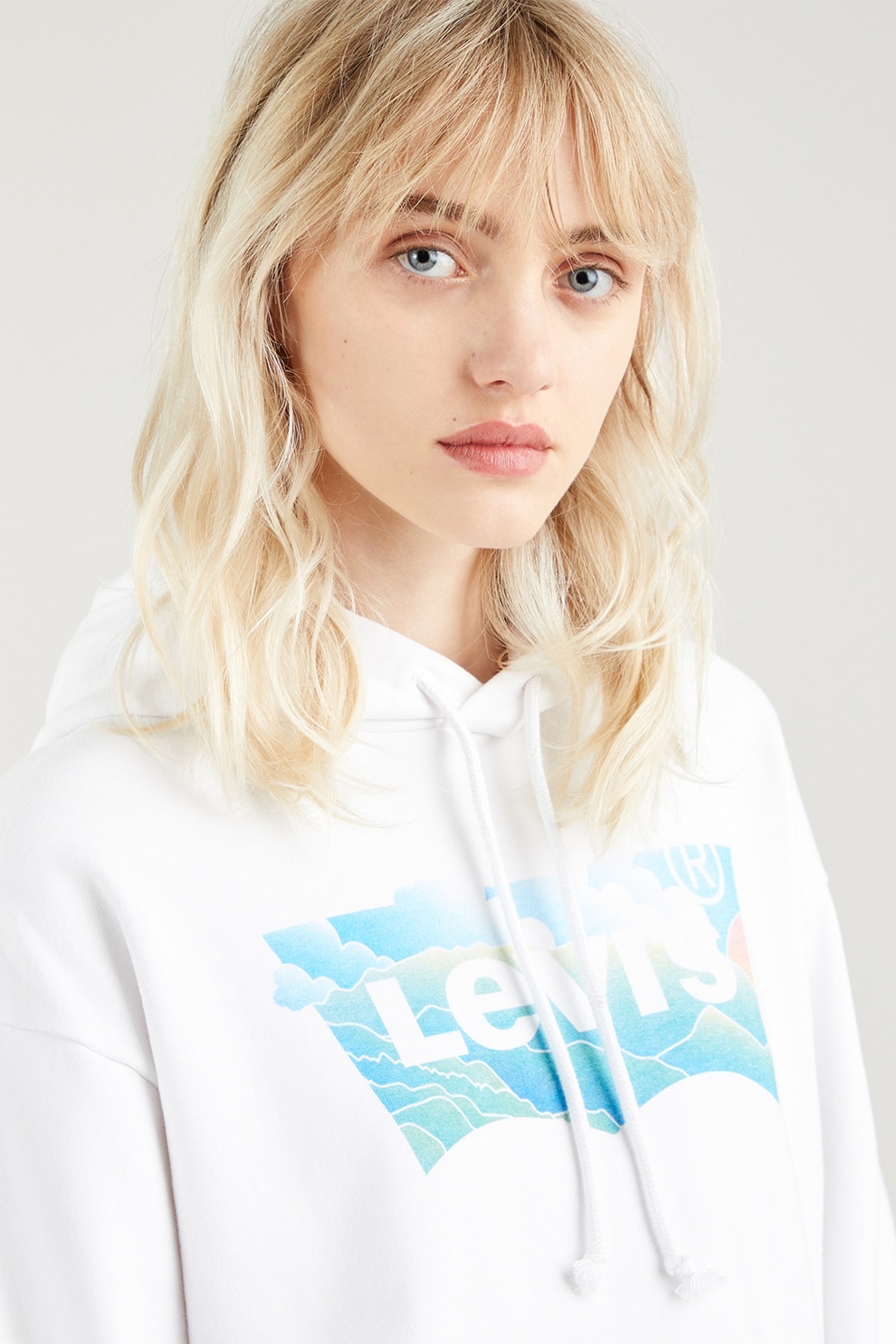 Levi's, Hanorac cu imprimeu logo si buzunar kangaroo, Alb optic/albastru aqua