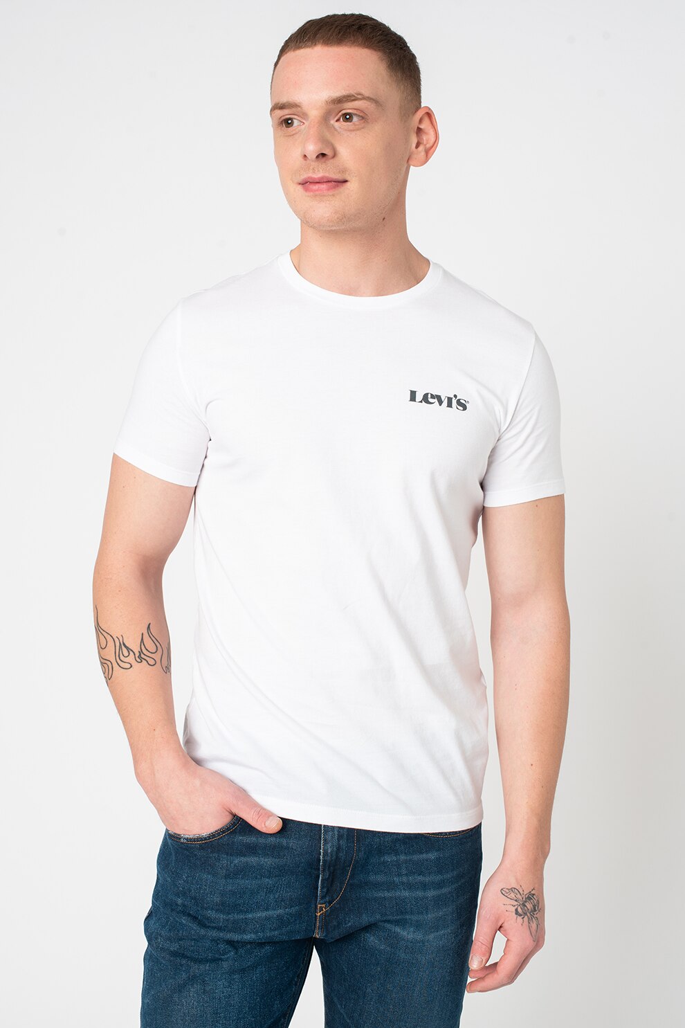 Levi's, Set de tricouri slim fit cu detaliu logo - 2 piese, Alb optic/Bleumarin