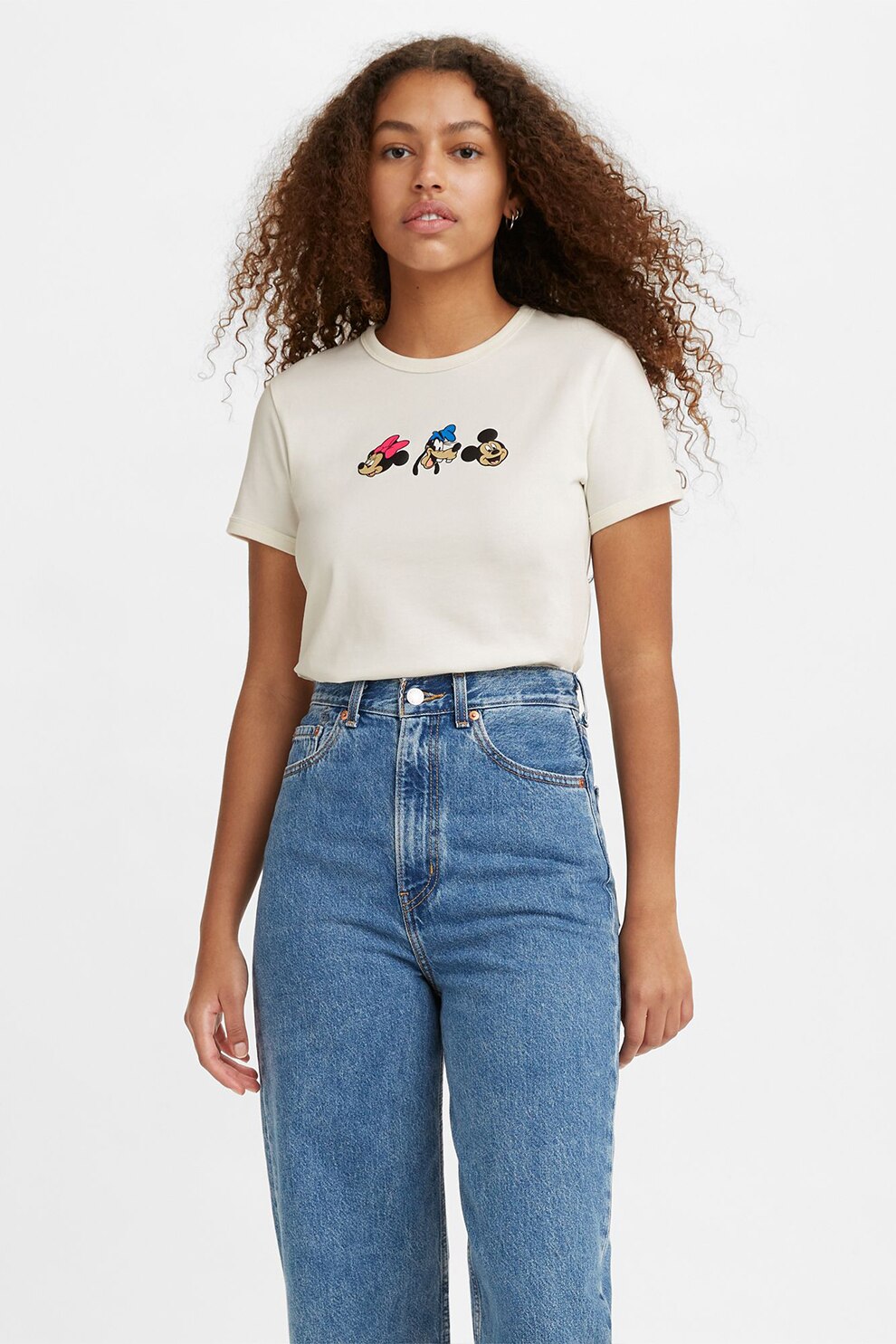 Levi's, Tricou cu decolteu la baza gatului si imprimeu cu desene animate, Alb prafuit/Negru/Albastru