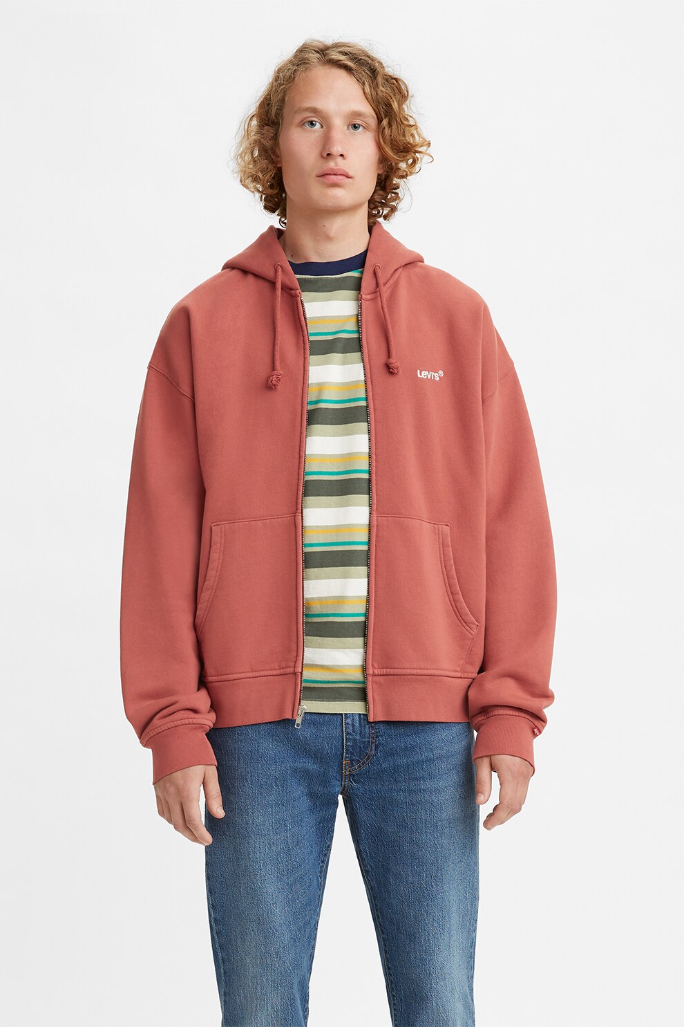 Levi's, Hanorac din bumbac organic cu fermoar si snur de ajustare, Rosu