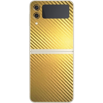 Folie Protectie Carbon Skinz pentru Samsung Galaxy Z Flip3 5G - Carbon Auriu Simple Cut, Skin Adeziv Full Body Cover pentru Rama Ecran, Carcasa Spate