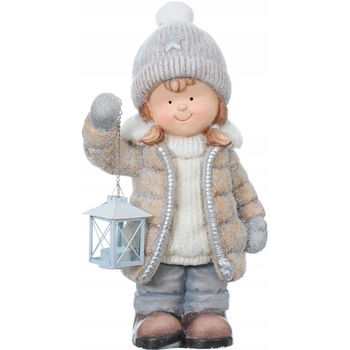 Decoratiune iarna, ceramica, fata cu felinar, nuante gri, 47 cm Decoratiune iarna, ceramica, fata cu felinar, nuante gri, 47 cm