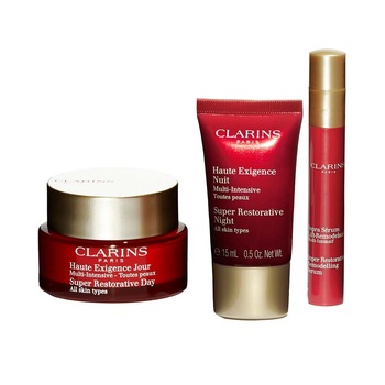 Set ingrijire ten matur, Clarins Super Restorative, crema de zi 50 ml. crema de noapte 15 ml, ser 10 ml, portfard Set ingrijire ten matur, Clarins Super Restorative, crema de zi 50 ml. crema de noapte 15 ml, ser 10 ml, portfard