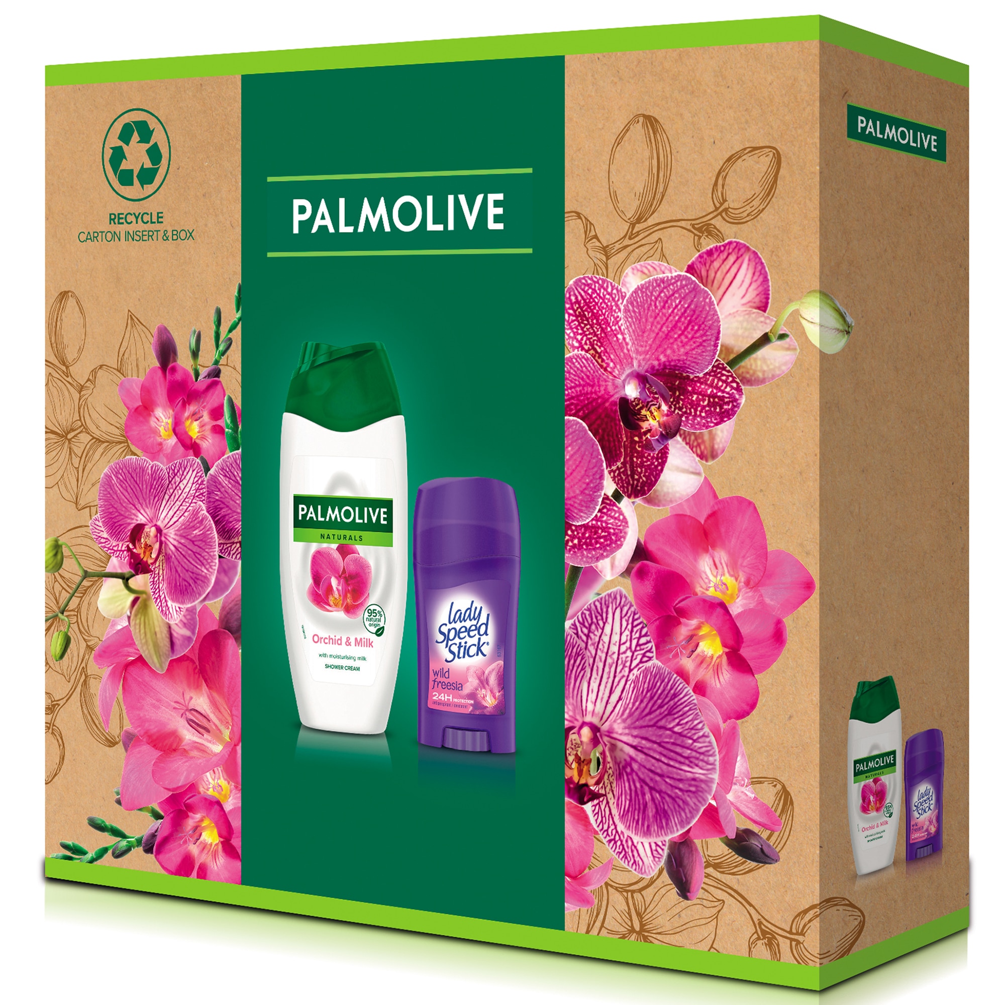 Set Cadou Palmolive: Gel de dus Palmolive Naturals Orchid & Milk, 250 ml + Deodorant solid Lady Speed Stick Wild Freesia, 45 g
