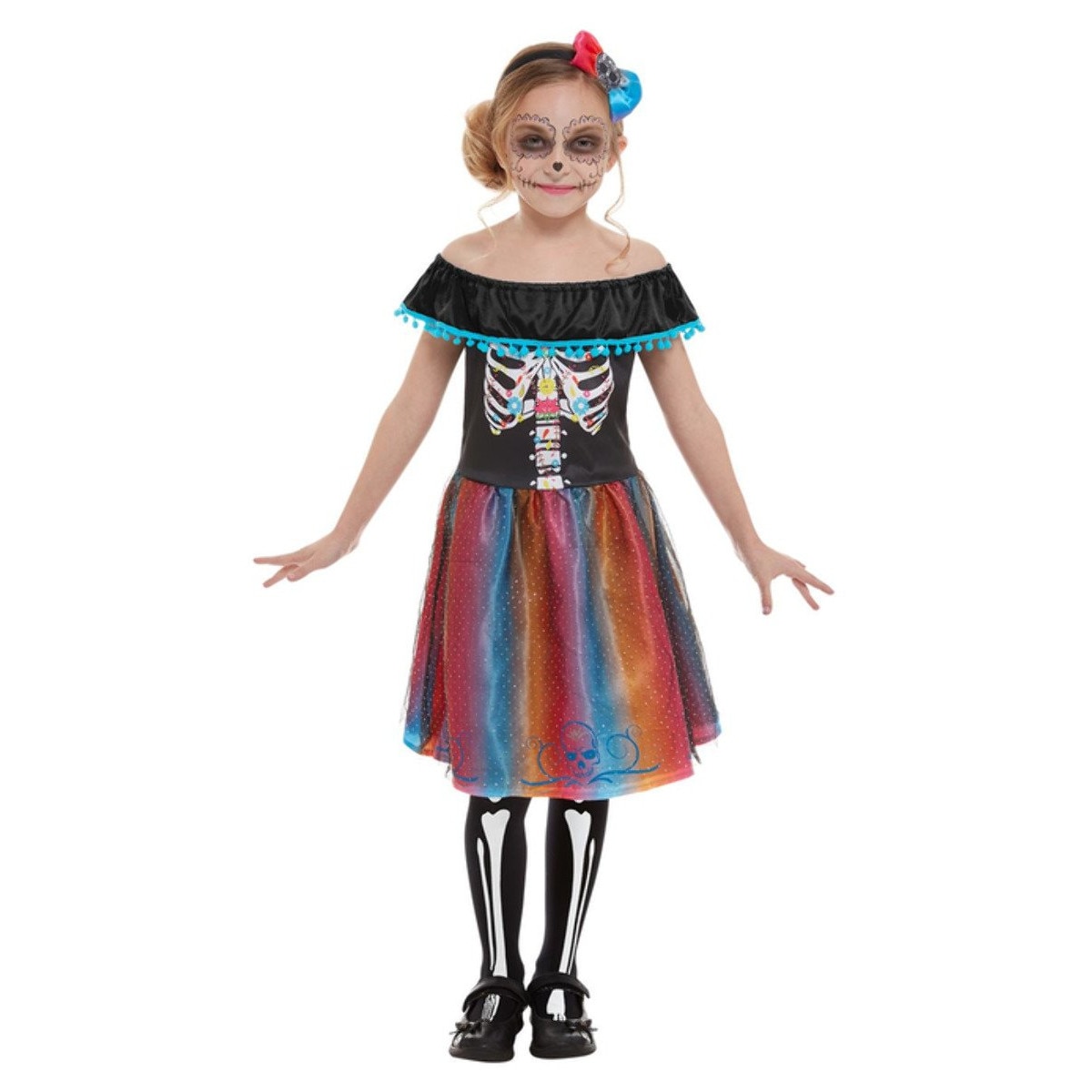 Costum carnaval multicolor Halloween schelete fete 120cm(5-6ani)
