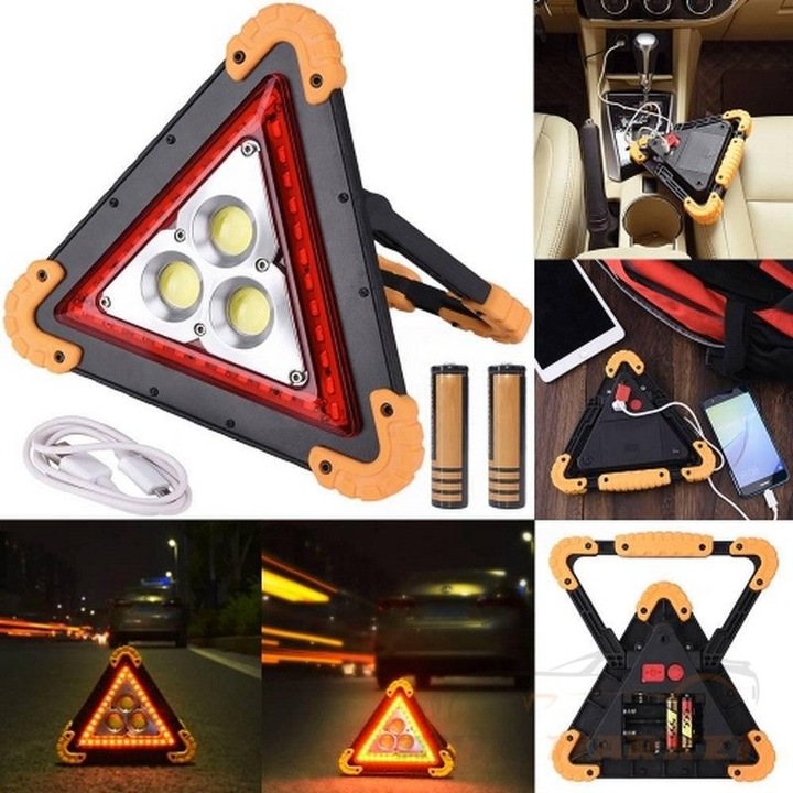 LED авариен триъгълник, Акумулаторен прожектор, зареждане USB, COB + Red LED