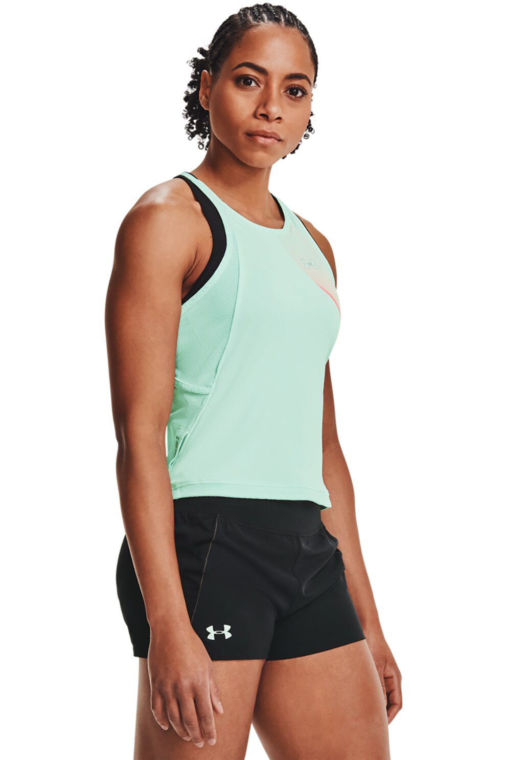 Under Armour, Top cu decupaj racerback pentru alergare Qualifier, Verde pal