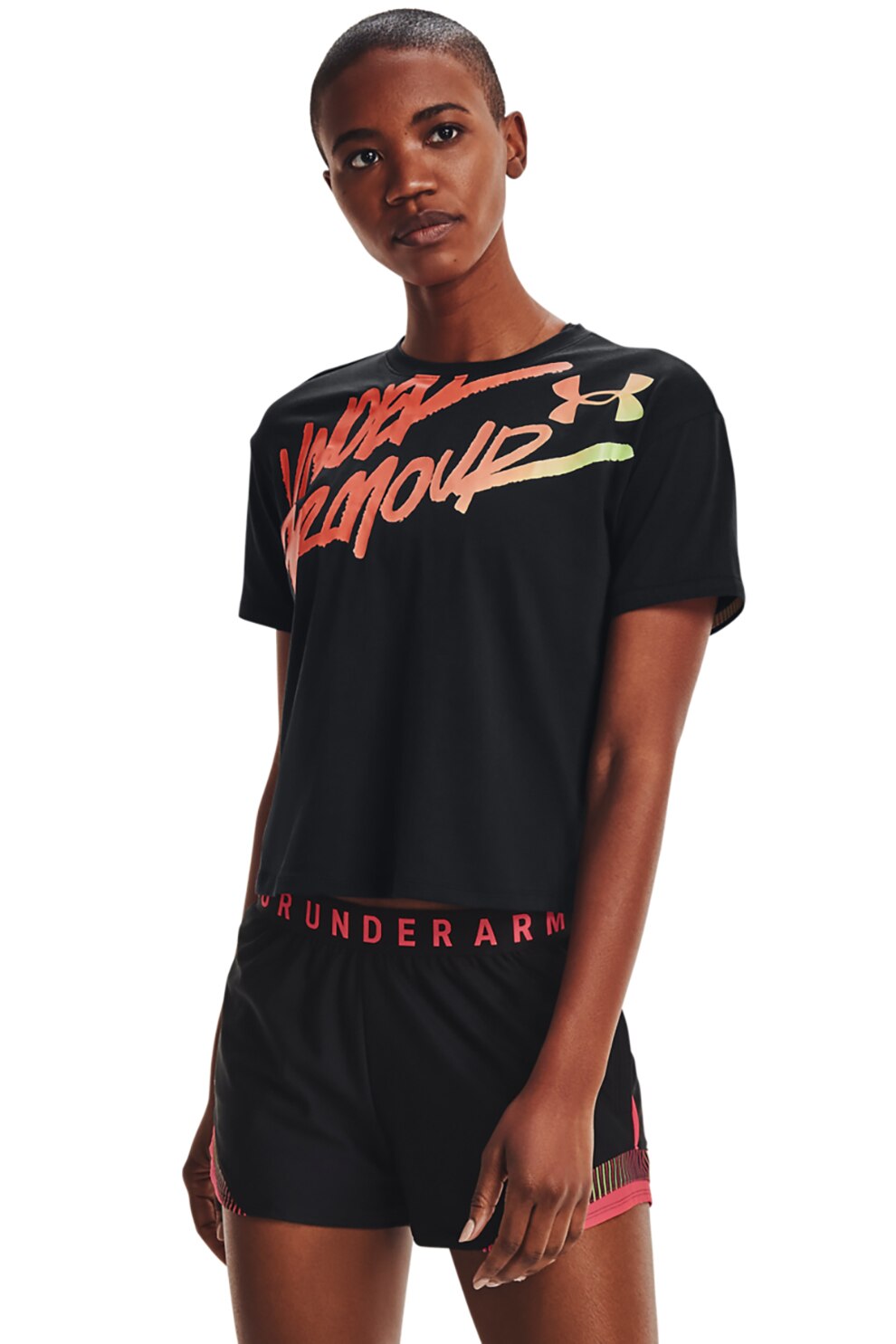 Under Armour, Tricou cu decolteu la baza gatului si imprimeu logo pentru fitness Chrono, Negru/oranj