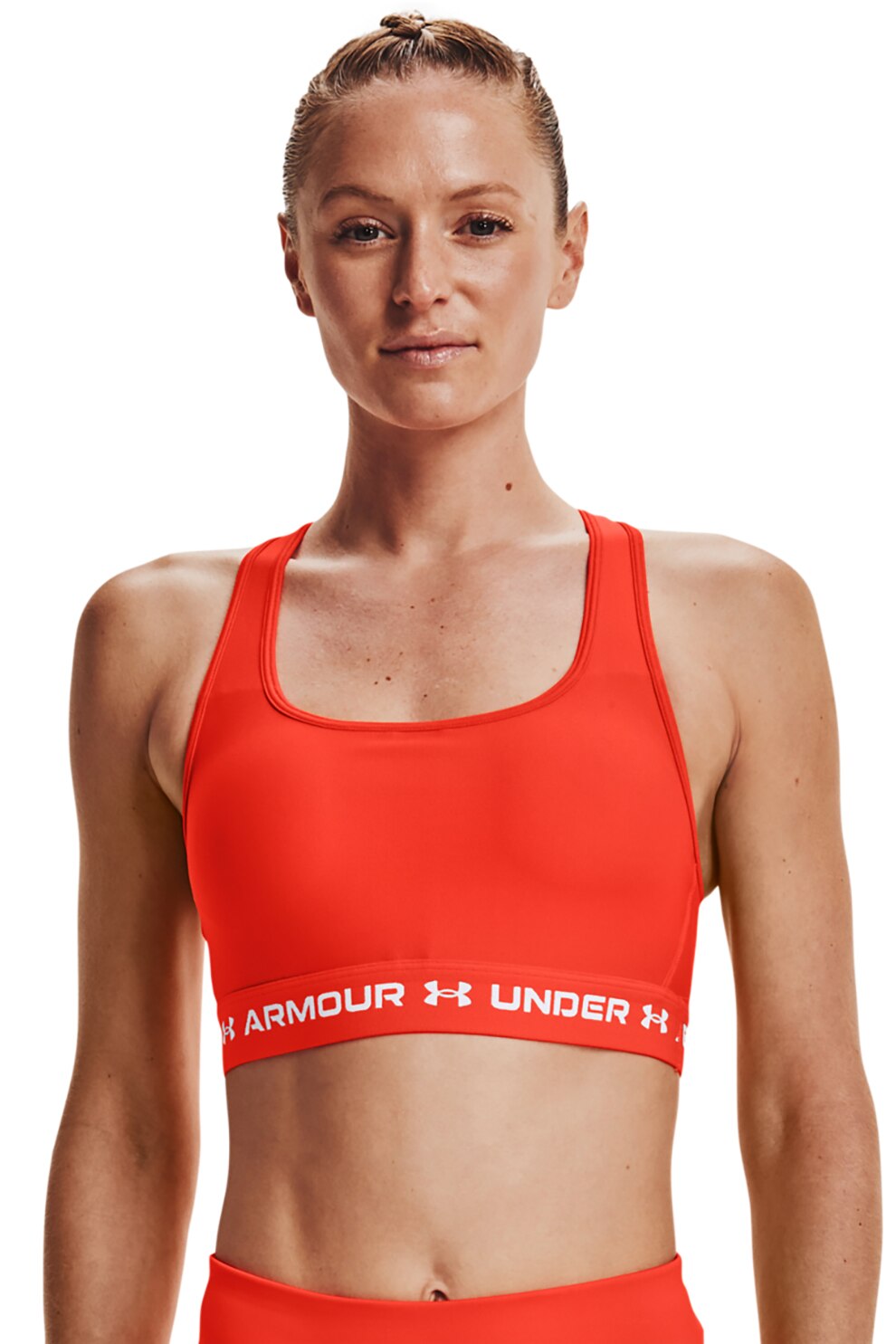 Under Armour, Bustiera de compresie cu decupaj pe partea din spate si suport mediu pentru fitness, Oranj mandarina