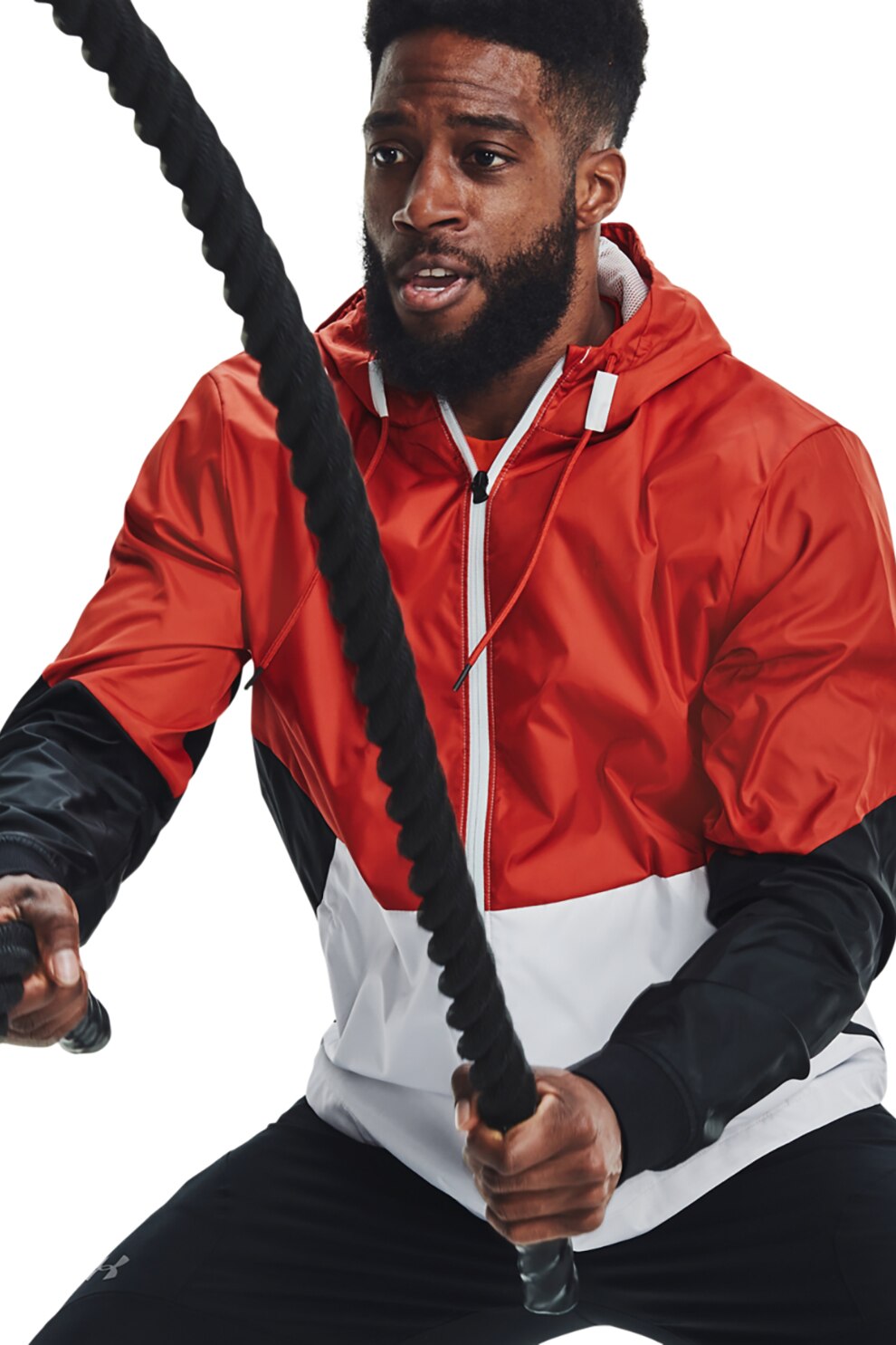 Under Armour, Jacheta lejera cu finisaj rezistent la apa si model colorblock ,pentru antrenament Legacy, Rosu/Alb/Negru