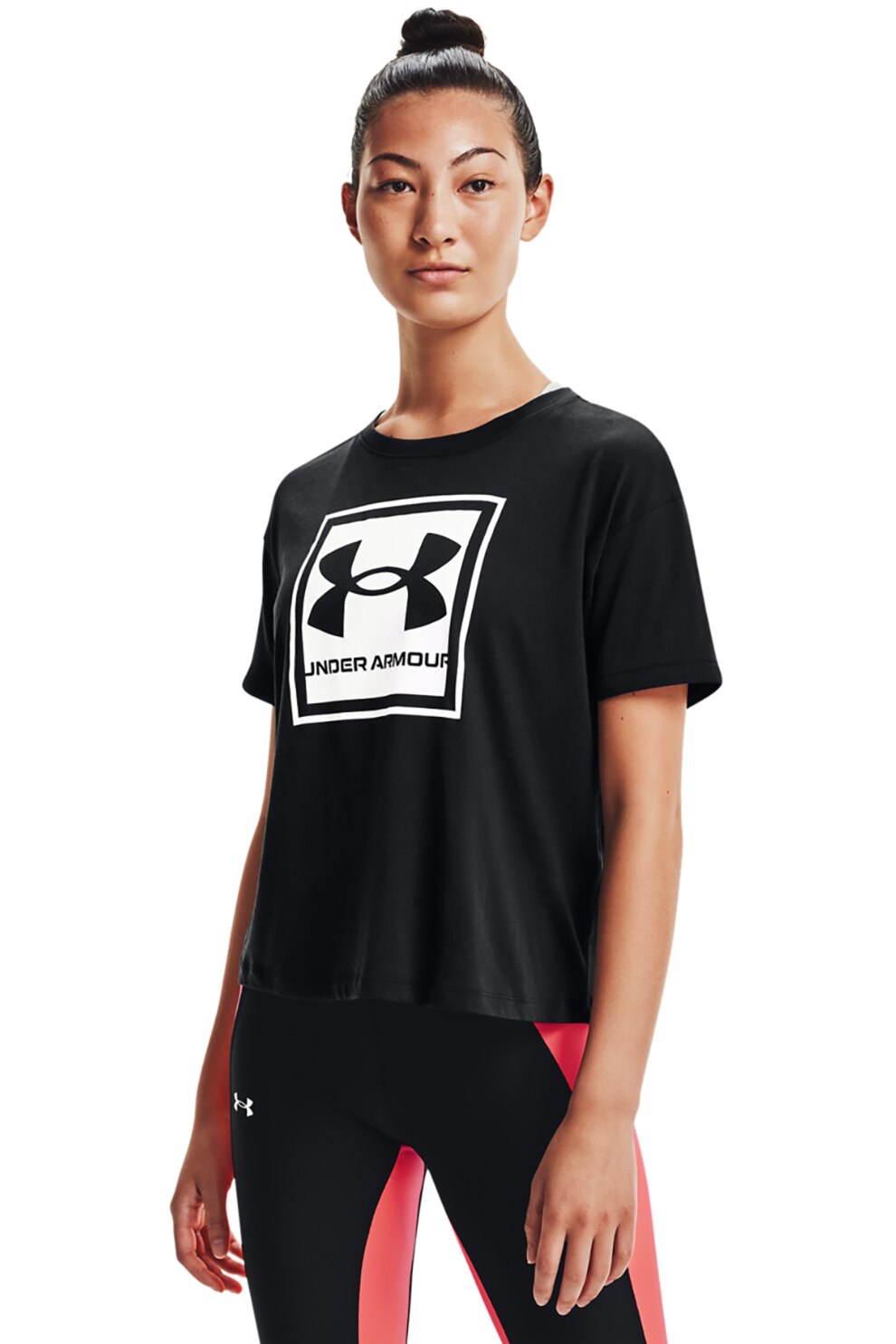 Under Armour, Tricou cu logo pentru fitness Live Glow, Negru/Alb optic