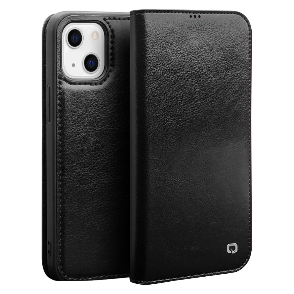 Husa pentru iPhone 13, Qialino Classic Wallet, din piele fina tip carte, cu buzunare carduri si bani, culoare Negru
