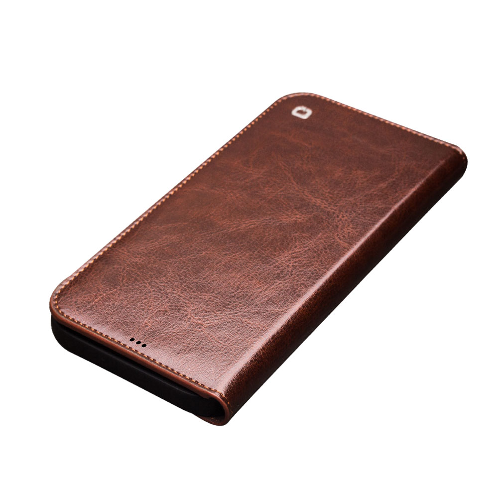Husa pentru iPhone 13 Pro Max, Qialino Classic Wallet, din piele fina tip carte, cu buzunare carduri si bani, culoare Maro coffee