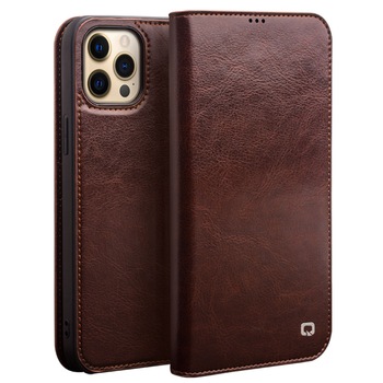 Husa pentru iPhone 13 Pro Max, Qialino Classic Wallet, din piele fina tip carte, cu buzunare carduri si bani, culoare Maro coffee Husa pentru iPhone 13 Pro Max, Qialino Classic Wallet, din piele fina tip carte, cu buzunare carduri si bani, culoare Maro coffee