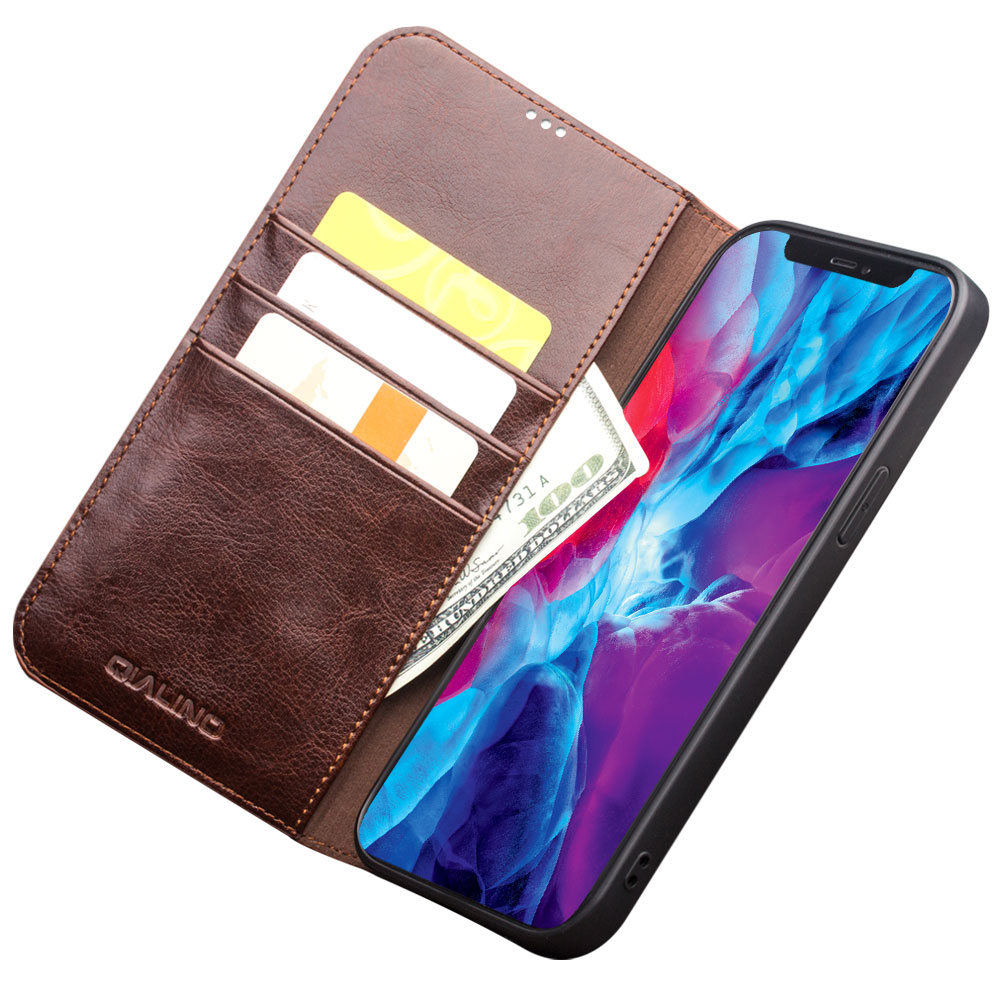 Husa pentru iPhone 13 Pro Max, Qialino Classic Wallet, din piele fina tip carte, cu buzunare carduri si bani, culoare Maro coffee