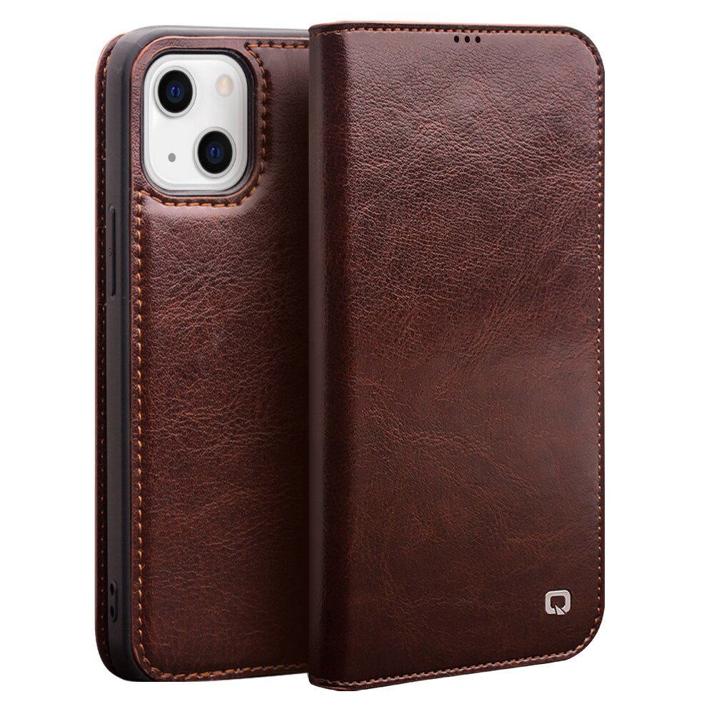Husa pentru iPhone 13, Qialino Classic Wallet, din piele fina tip carte, cu buzunare carduri si bani, culoare Maro coffee