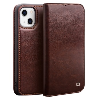 Husa pentru iPhone 13, Qialino Classic Wallet, din piele fina tip carte, cu buzunare carduri si bani, culoare Maro coffee Husa pentru iPhone 13, Qialino Classic Wallet, din piele fina tip carte, cu buzunare carduri si bani, culoare Maro coffee