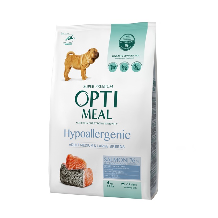 Hrana uscata completa Optimeal Hypoallergenic pentru caini adulti de talie medie si mare– somon 4 kg