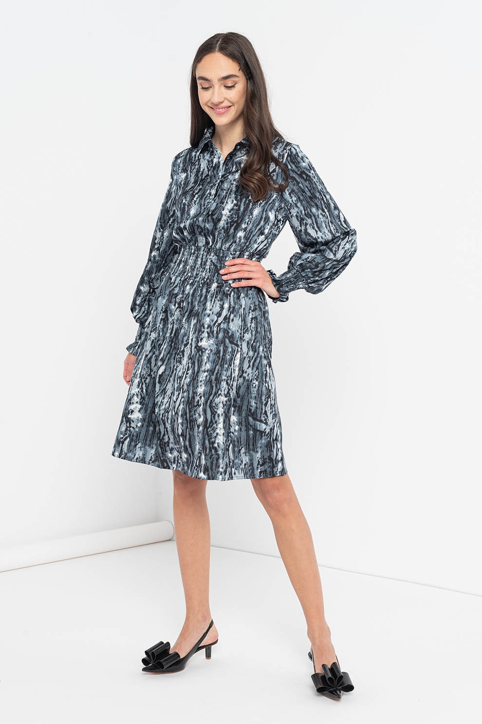 Sisters Point, Rochie midi cu model abstract Velta, Gri carbune/Gri deschis/Negru