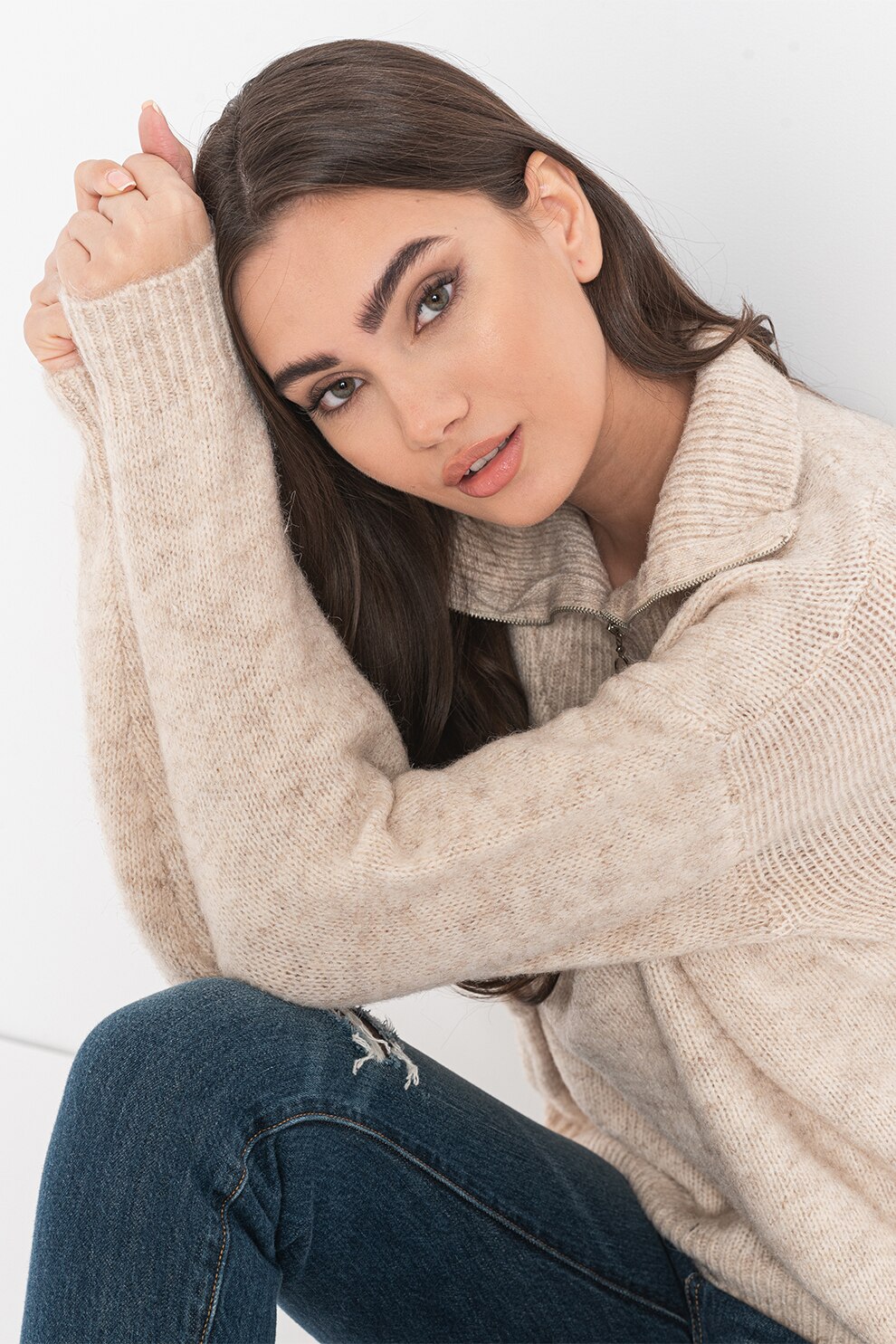 Sisters Point, Pulover cu fenta cu fermoar Lui-Mock, Maro nisip