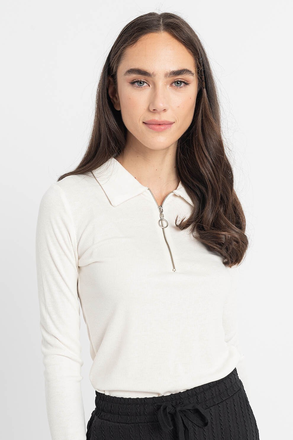 Sisters Point, Bluza slim fit cu fermoar scurt Peci, Crem