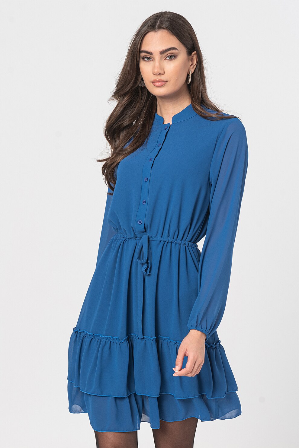 Sisters Point, Rochie mini evazata cu fenta cu nasturi Gondol, Albastru