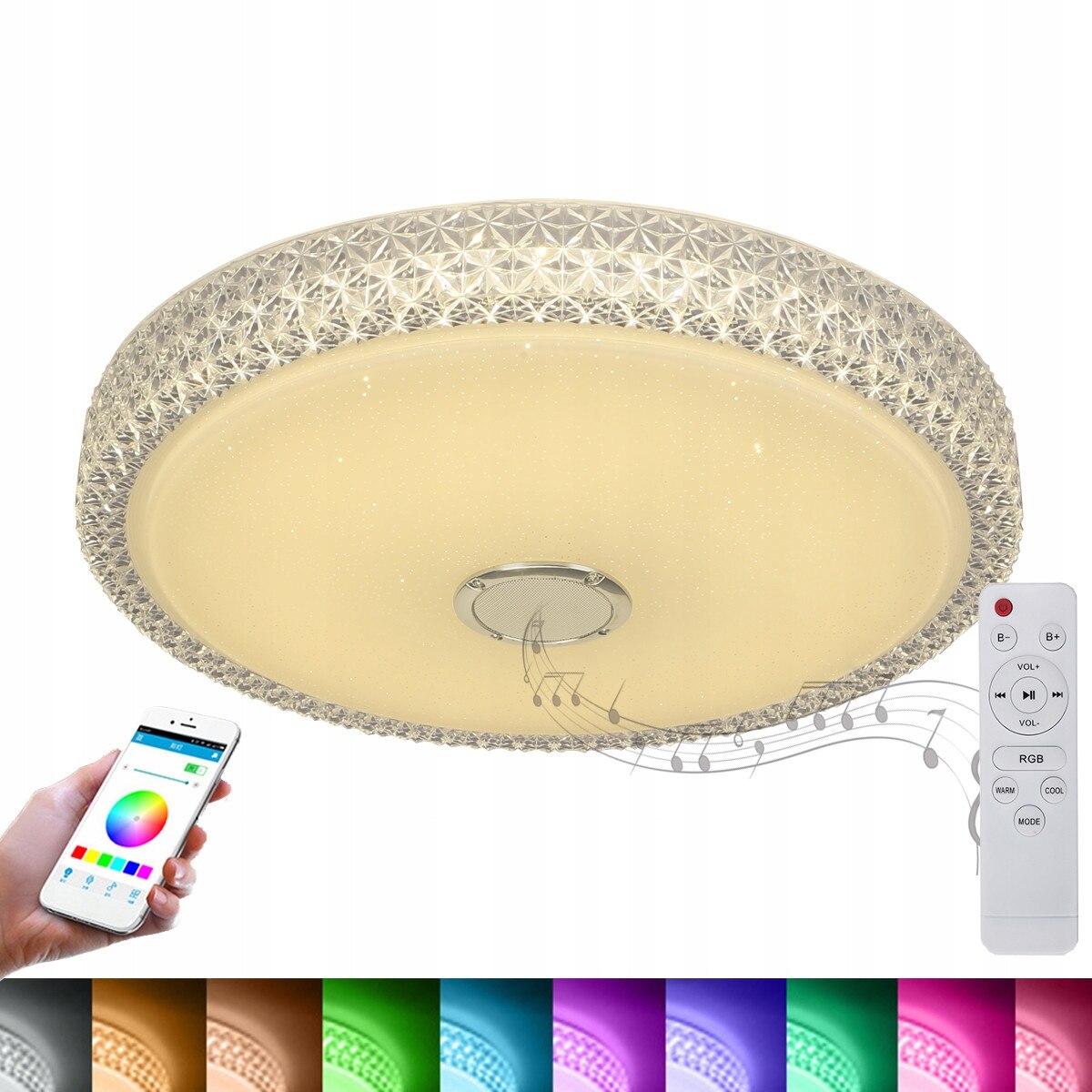 Plafoniera cu LED, RGB, Wifi, Muzica, Telecomanda, 40 cm, Alb