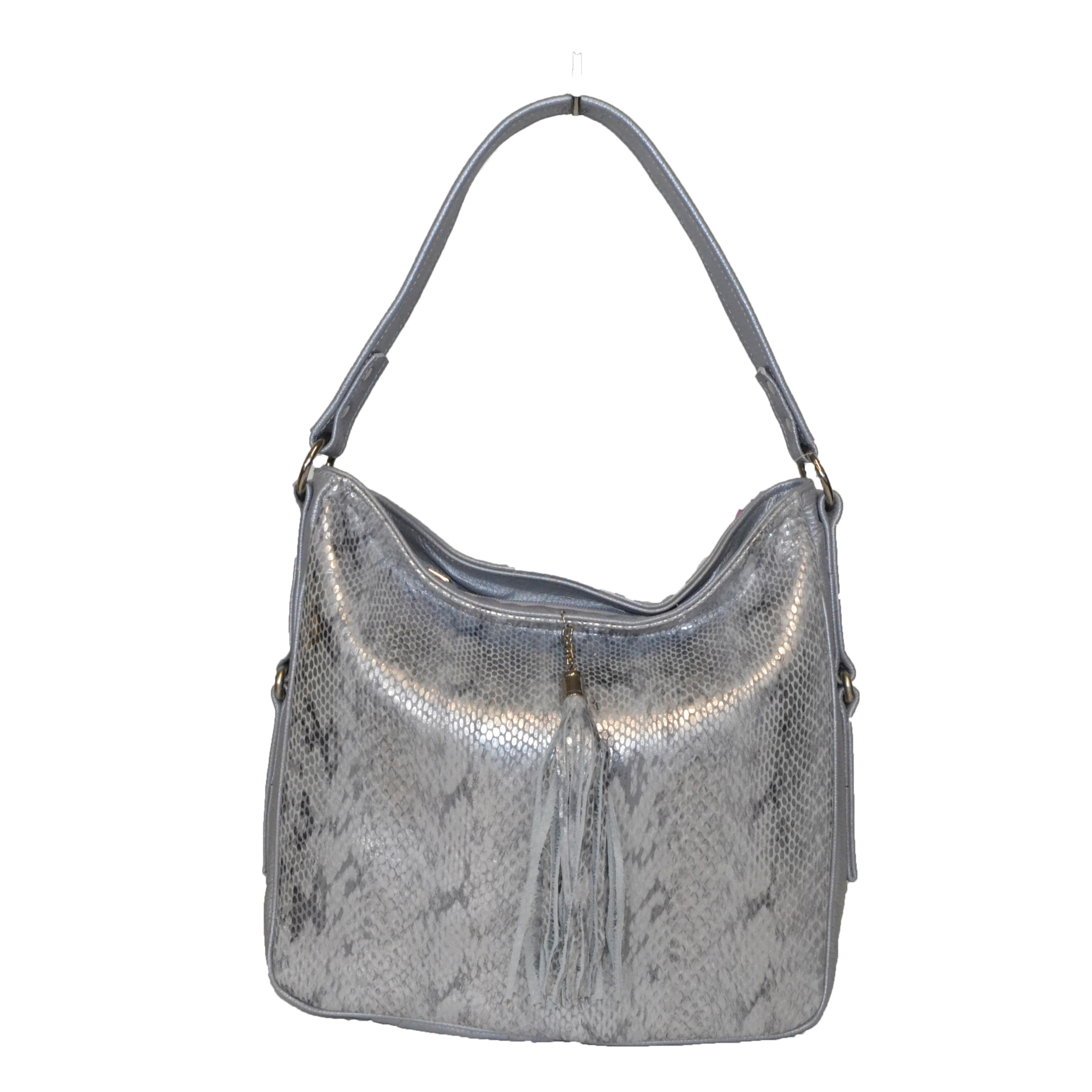 Geanta dama, casual, Zea, din piele naturala, argintiu, 32x10x28 cm