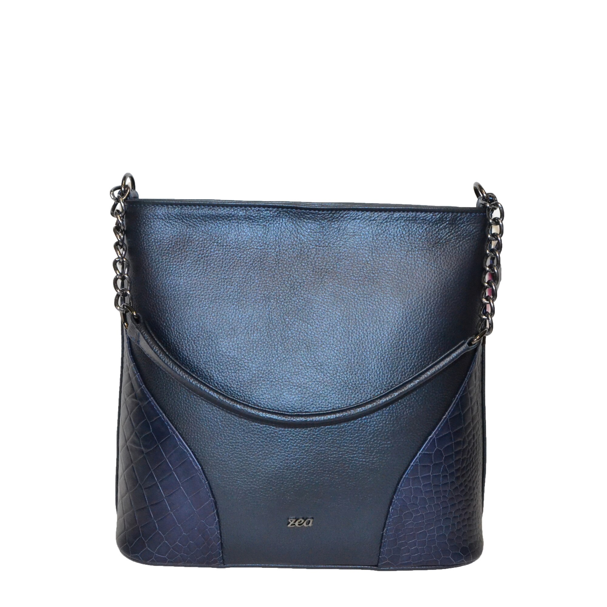 Geanta dama, casual, Zea, din piele naturala, albastru, 32x14x32 cm