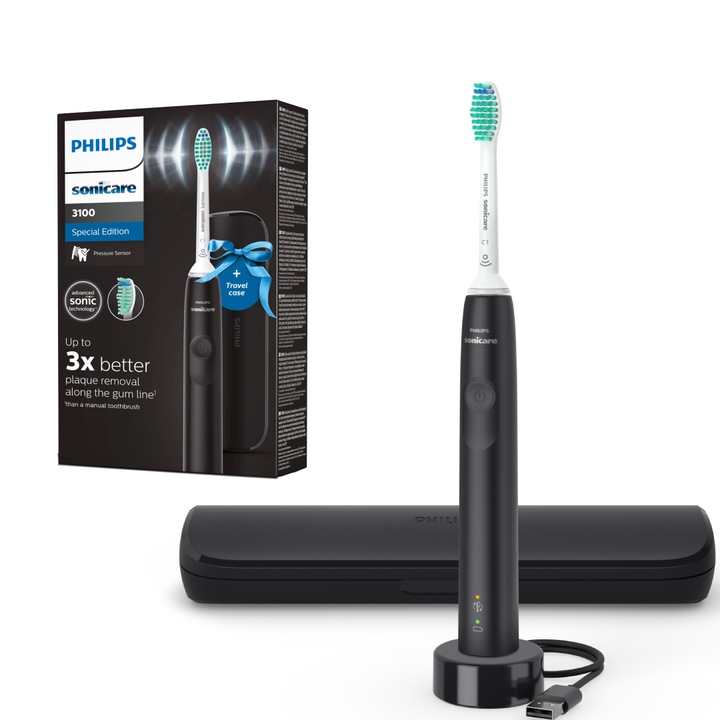 Ел. четка за зъби Philips Sonicare Seria 3100 HX3673/14, 31000 осцилации/мин, 1 режим на почистване, Сензор за натиск, Функция BrushSync, 1 глава, Черен